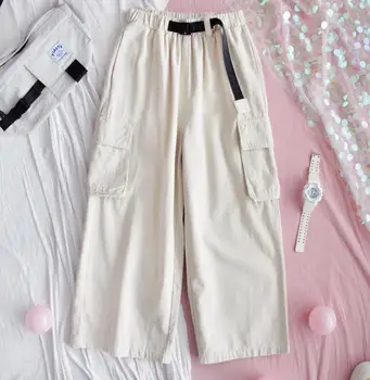 

Summer Overalls girl nine points loose Korean students big pockets Harajuku soft sister wide leg pants