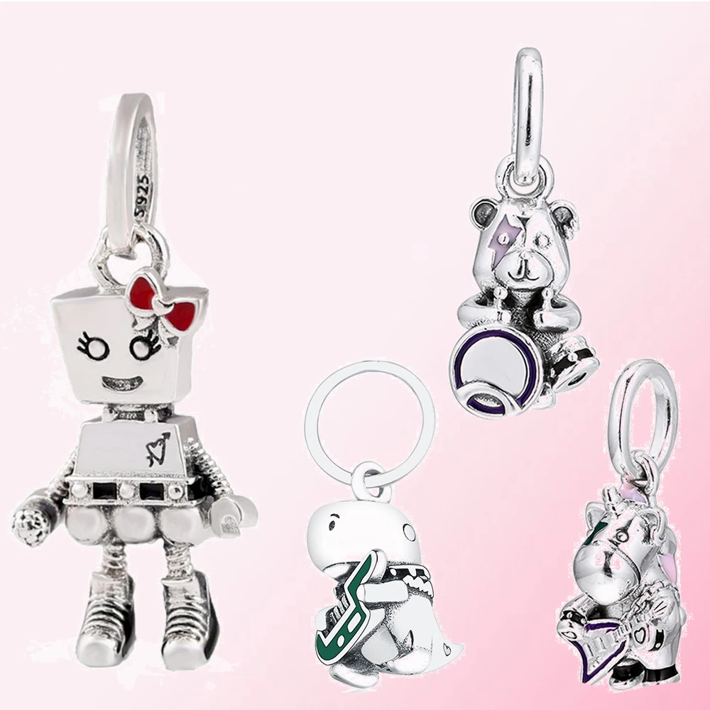 100% 925 стерлингового серебра Панк группы очарование робот динозавр медведь