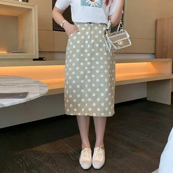 

Elastic High Waist Retro Skirts Dot Print Pockets Casual Straight Summer Skirt Women Robes TA9643