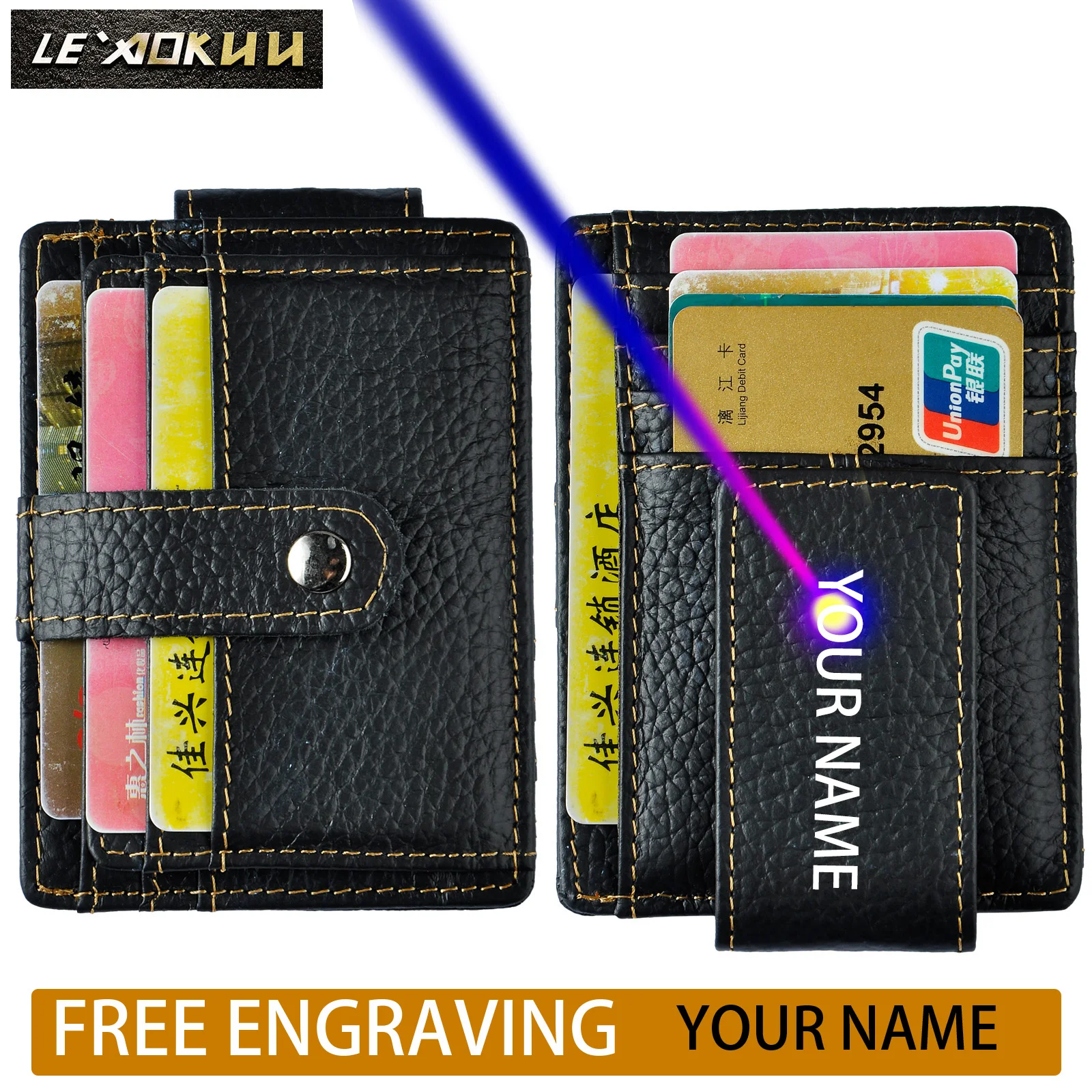 Le/'aokuu Genuine Leather Magnet Money Clip Credit Case Case Holder Slim Wallet