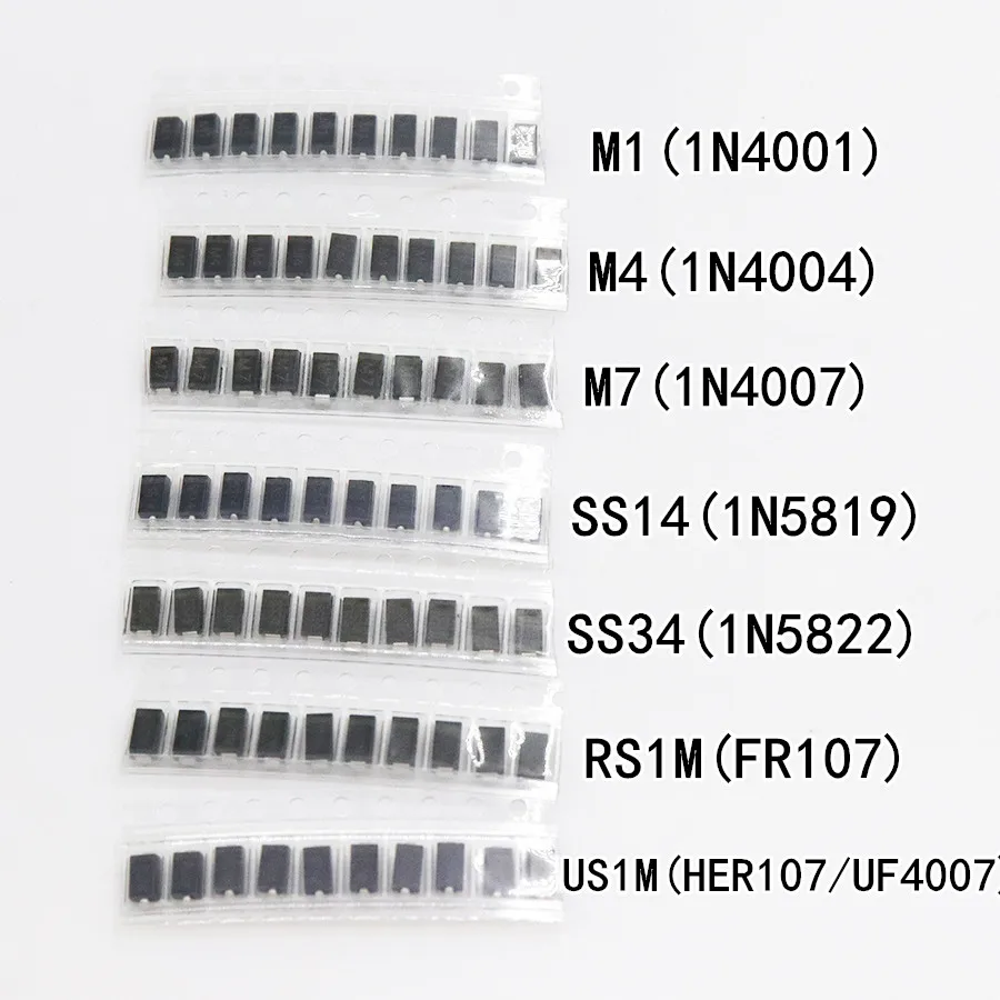 7 kinds*10pcs=70pcs/lot SMD diode package / M1 (1N4001) / M4 (1N4004) / M7 (1N4007)/ SS14 US1M RS1M SS34 KIT|smd diode|diode smddiode kit - AliExpress