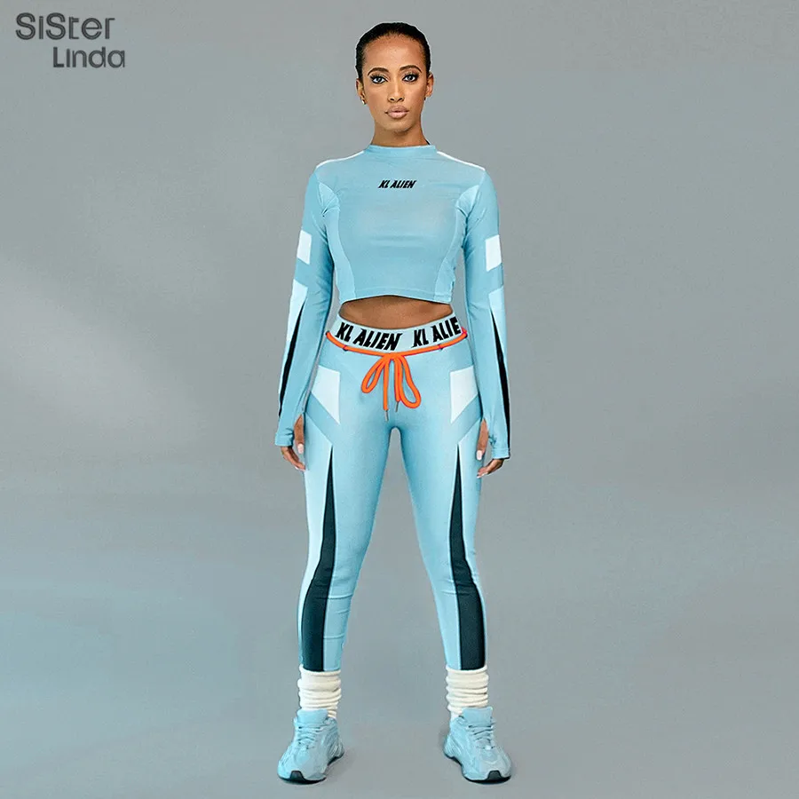 Sisterlinda, с буквенным принтом, в полоску, для фитнеса, спортивный костюм, набор, для женщин, эластичность, укороченные топы, брюки, два предмета, наборы, Mujer, новинка, футболка, штаны