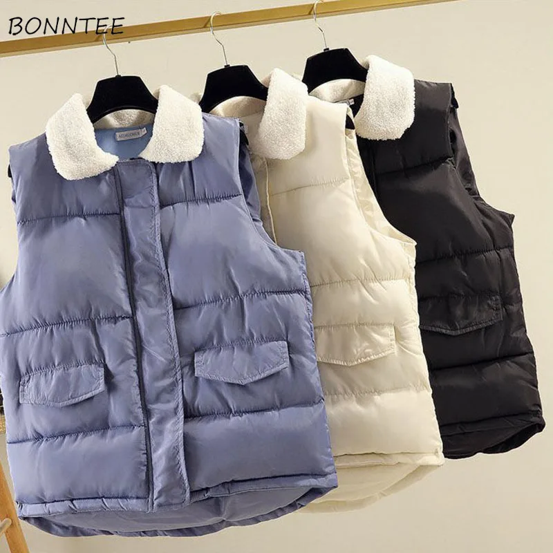 

Vest Women Solid Simple Casual Pockets Single Breasted All-match Warm Winter Thickening Korean Style Womens Clothing Harajuku