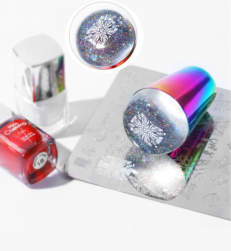 

1pc Nail Stamper 4CM Jelly Silicone Head Holographic Nail stamper Rainbow Handle Stamper Set With Scraper Nails Stamping Stamper