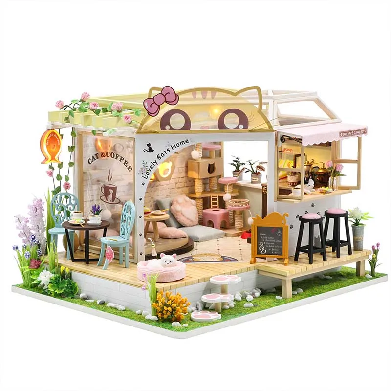 casa em miniatura DIY Doll House - Teashop madeira pequena com móveis em  miniatura, escala 1:24 Mini artesanato feito à mão com movimento musical e  capa à prova poeira, presente para adolescentes