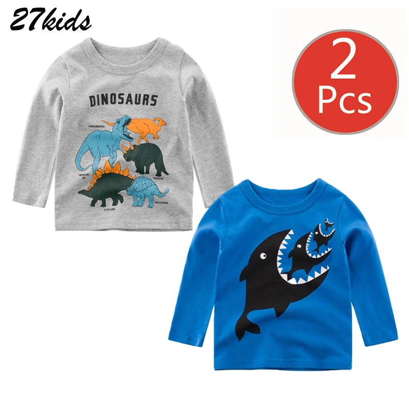

27kids 2PCS Boys T Shirt Spring Autumn Boys Girls Cartoon Dinosaur Children Shark Long Sleeve T Shirt Casual Boys Girls Tops