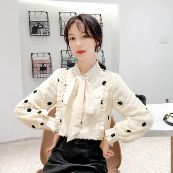

2020 Autumn & Winter New Arrival Plus Velvet Thickening Tie Bow Long-sleeved Lace Chiffon Shirt Polka Dot Shirt Free Shipping