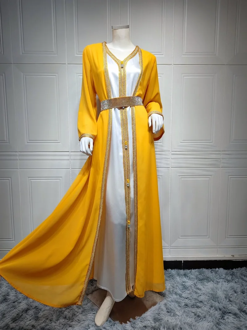 

Muslim Women Two Pieces Abaya Set Satin Vest Long Dress with Chiffon Kimono Eid Mubarak Moroccan Caftan Arabic Oman Dubai Outfit