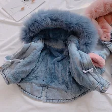Теплое плотное джинсовое пальто из искусственного меха с капюшоном для маленьких девочек верхняя одежда для маленьких девочек; теплое пальто; сезон осень-зима детская одежда