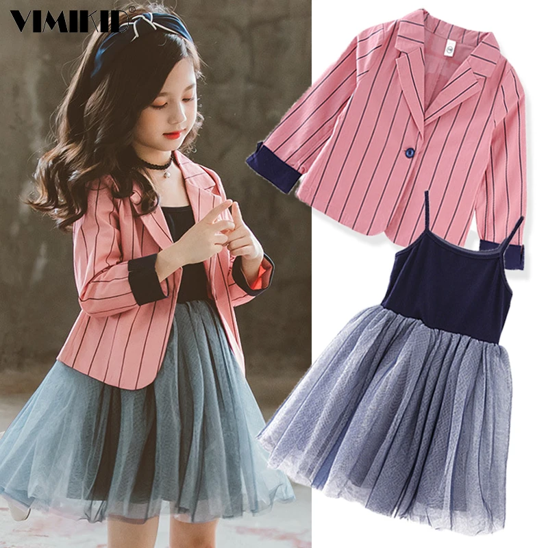 2019 New Arrival Girls Fashion Suit Jacket Dress 2 Pieces Elegant Lady Style Striped Coat Princess For 3-12 Year Old | Детская одежда и