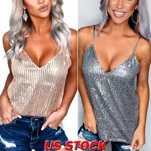 Женские блестящие без рукавов костюм для девочек с блестящими пайетками майка пикантные зауженного кроя с треугольным вырезом без рукавов Блузка