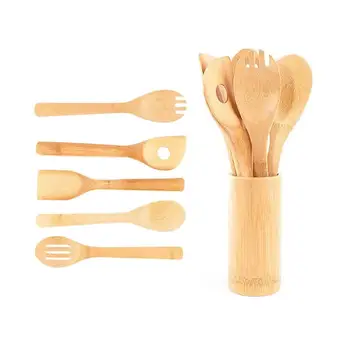 

6 Pieces Bamboo Spoon Spatula Kitchen Cooking Utensil Set Wooden Kitchen Tool Spoon Spatula Mixing Stick Set With Storage Boxes