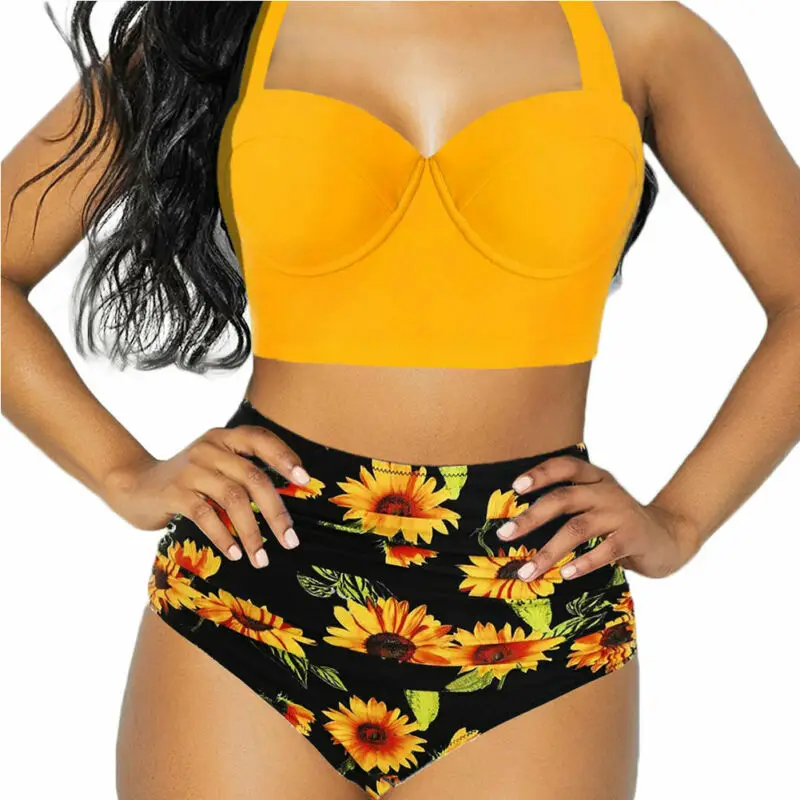 

Women Push Up Bikini Set Bra Padded Swimwear Bandage Summer Floral High Waist Shorts Swimsuit Sunflower Beachwear Bathing Suit