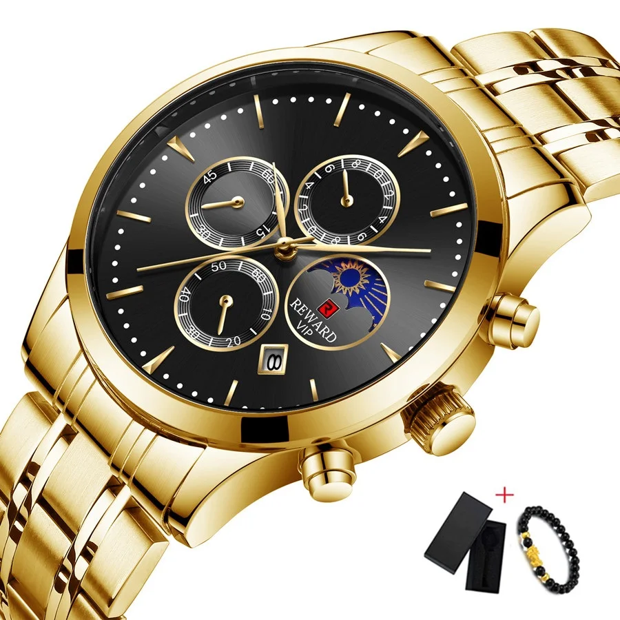 Black Gold Роскошные золотые и синие часы для мужчин Moon Phase модные водонепроницаемые Стальные наручные часы для мужчин s кварцевые спортивные часы Relogio Masculino - Цвет: Black Gold