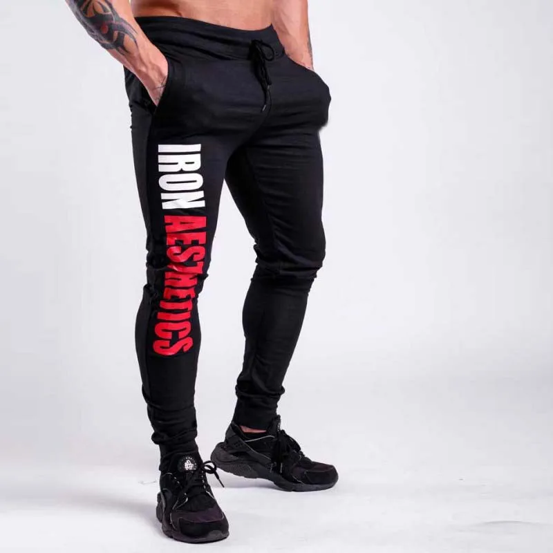 Black red YEMEKE джоггеры брюки обтягивающие спортивные брюки мужские спортивные тренажеры для бега Фитнес Спортивная одежда спортивные брюки тренировочные хлопковые спортивные брюки - Цвет: Black red