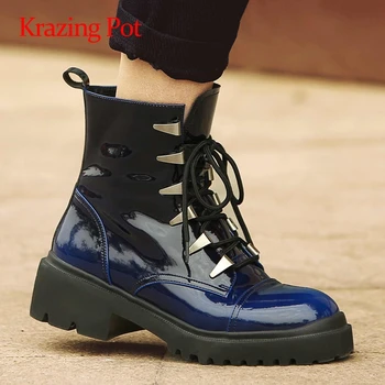 

Krazing pot natural leather metal decorations cross-tied round toe thick high heels lace up coolest keep warm ankle boots L2f4
