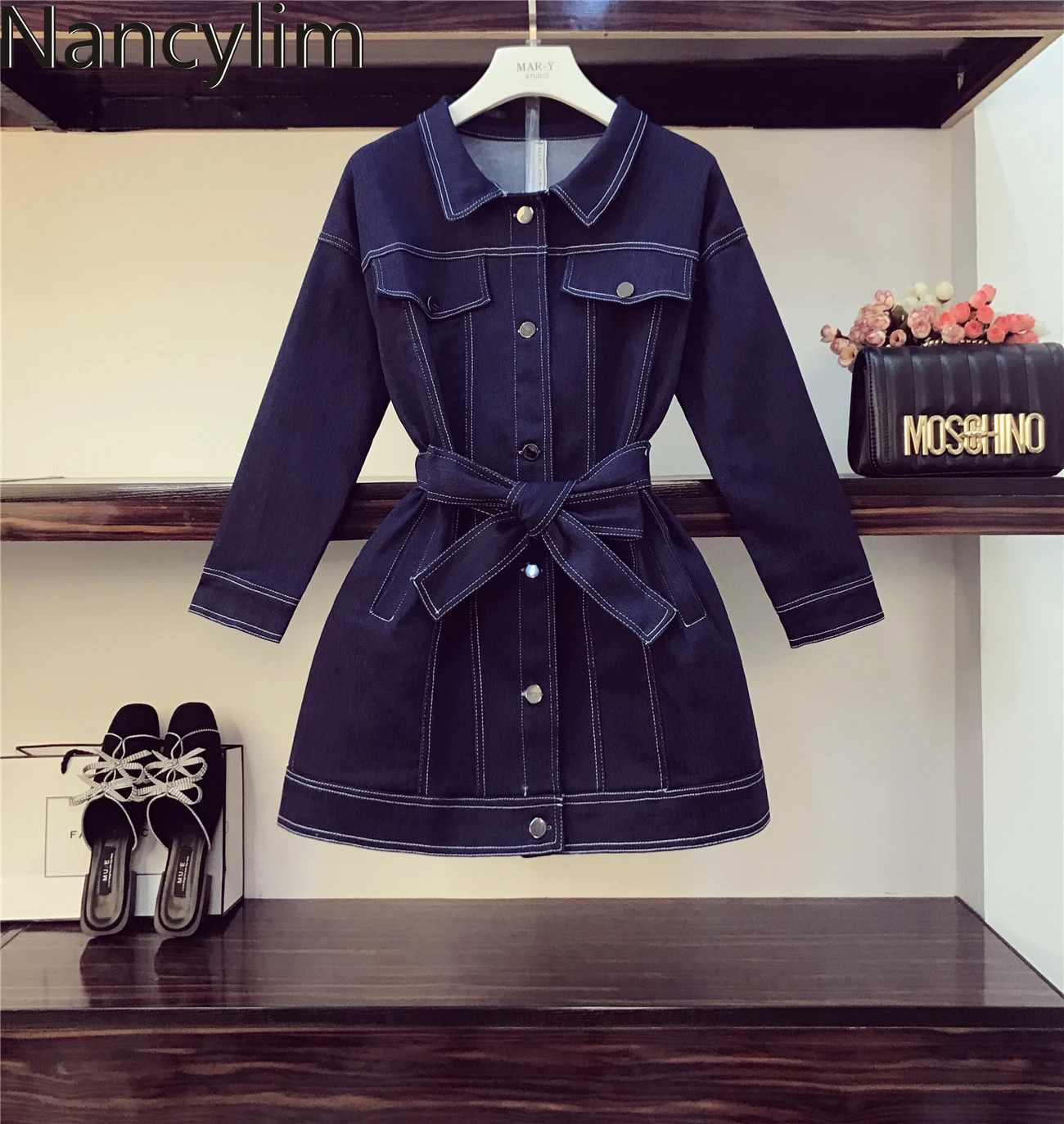

Autumn Denim Dress Women 2019 New Street Loose Denim Lace Up Waist Dress Female Students Blue Jean Dresses Vestido