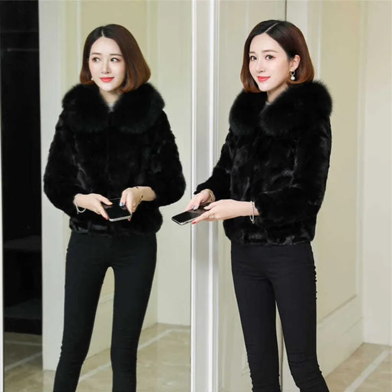 High Quality Women's Faux Fox Fur Collar Fur Coat Winter Slim Short 2021 New Female Pocket Imitate Mink Fur Jacke Black Elegant