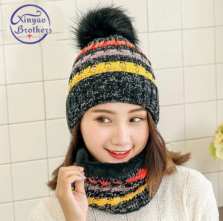 

2019 Winter Women Knitted Colorful Hat Scarf Female Warm Hat Scarf Set Fashion Thickening Hat Set Casual Snow Caps
