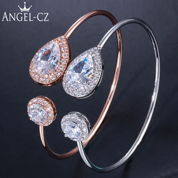 

ANGELCZ Luxury Rose Gold Silver Color Open Hand Jewelry Waterdrop Cubic Zirconia Adjustable Cuff Bangles for Women Gift AB145