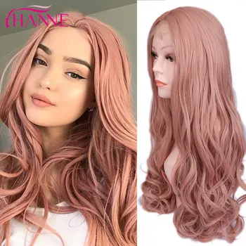 

HANNE Rose Gold Lace Front Wigs for Women Natural Wavy Wig Long Cosplay Pink Wigs Synthetic Hair Heat Resistant Hair
