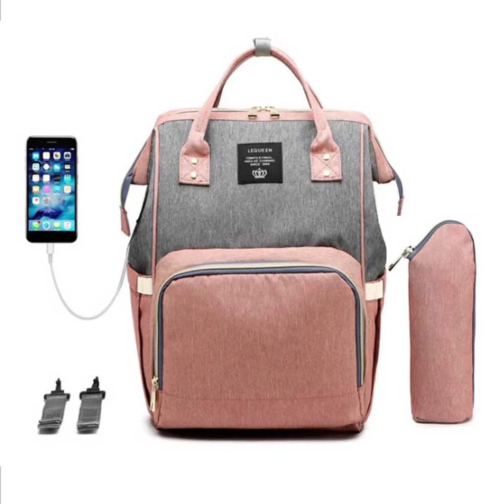 USB Pink Grey Lequeen USB пеленка сумка рюкзак детские сумки уход за ребенком сумка USB пеленки Органайзер водонепроницаемый мумия сумка рюкзак для мамы - Цвет: USB Pink Grey