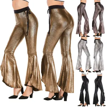 

Women Flared Leg Stretch Pants Bell Bottom Asymmetric Long High Waisted Pants