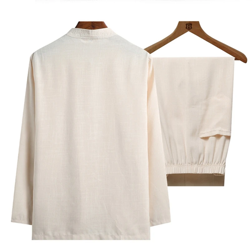 Plus Size4XL(Long Sleeve Shirt+Pant)Pure Color Cotton Linen 2PcsSet Men Kung Fu Tai Chi Suit ClassicWu Shu Clothing For Father