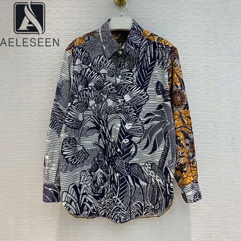 

AELESEEN 2020 Spring New Design High Street Style Contrast Color Blouse Women Hight Quality 100% Cotton Animal Print Retro Shirt