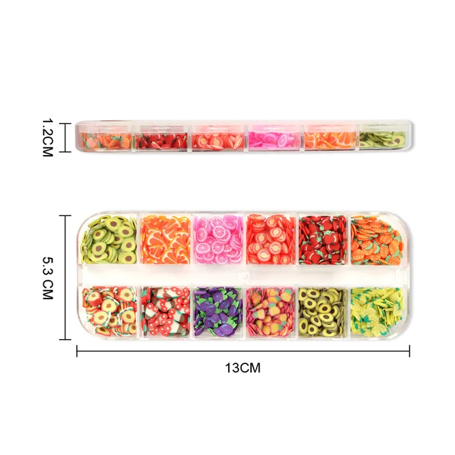 12 Grid Mixed Fruit Polymer Soft Clay Flakes for Nail Art UV Epoxy Resin Silicone Mold Flakes Slime Filler Making Tweezers DIY 6