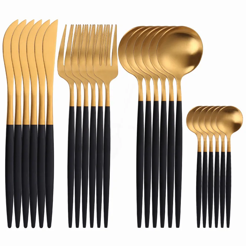 Cutlery Set Black Gold Dinnerware Fork Spoon Knife 24 Pieces Stainless Steel Complete Tableware Kitchen