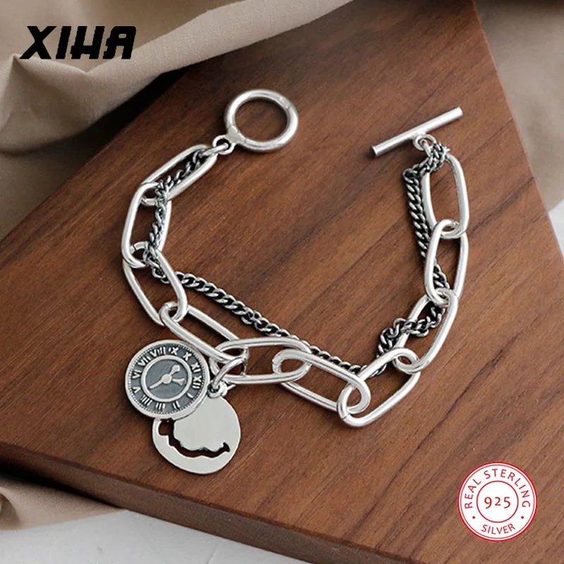 925 пробы Серебряный Smile Facel часы браслет для женщин мужчин унисекс слой широкий звено цепи браслет с дисками OT Переключить застежки ювелирные изделия