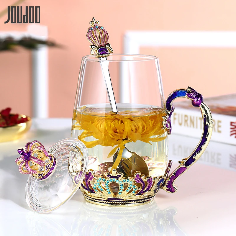 Koop Praktische Vruchtensap Melk Koffie Kristallen Glazen Beker Creatief Emaille Keizerskroon Ontwerp Water Cup Duurzaam Drinkware Voor Gift