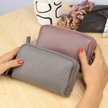 

2019 New Melon Seed Pattern Double Zipper Cowhide Handbag European and American Fashion Zero Wallet Mobile Phone Bag