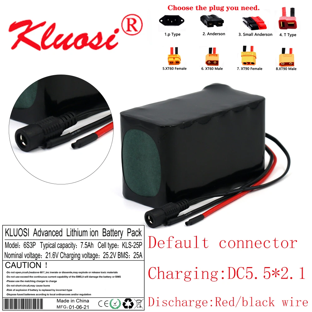 KLUOSI 6S3P 24V 7.5Ah 21.6V 8Ah 25.2V Lithium Battery Pack for Electric Bicycle Ebike Scooter Wheelchair Cropper with 25A BMS |
