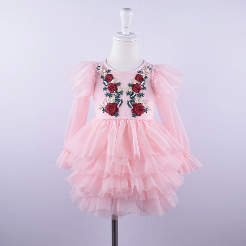 Fashion Girls Emboidery Tutu Dress Long Sleeves Kids Clothes Gymnastics Party Costume Performance Fluffy Dress for 3-10 Ys Child