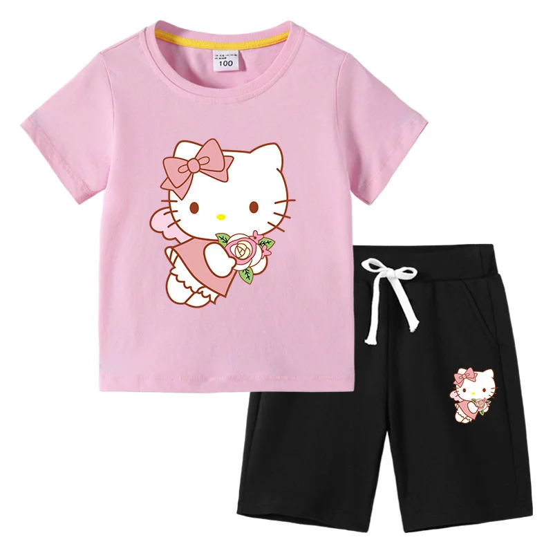 thumbnail image 1 of Conjunto de camiseta de manga corta para niños de Hello Kitty, ropa de algodón para bebés, pantalones cortos de media manga para niños y niñas, traje de dos piezas, 1 of 5