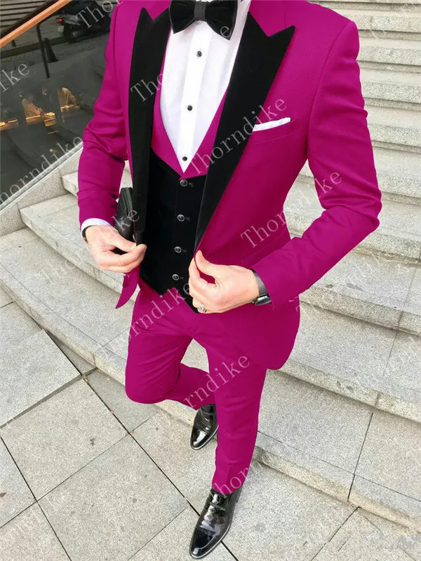 Purple Three Pieces Groom Suit Custom Made Tuxedos For Men Groomsman Bridegroom Wedding Best Man Suits( jacket+Pants+vest - Цвет: Rose red