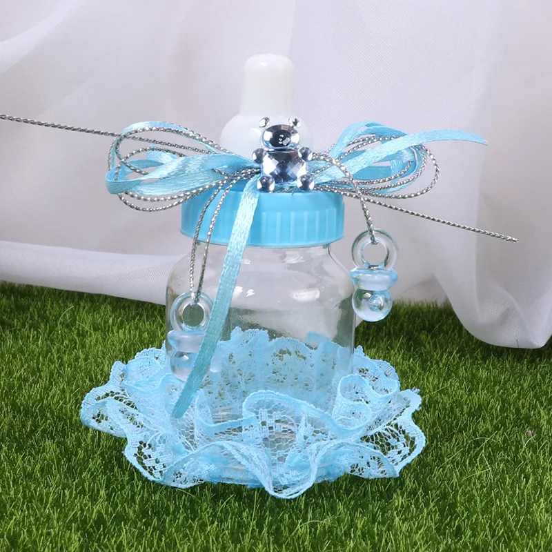 light blue1 12 шт./лот, прозрачная пластиковая коробка для конфет в форме маленькой бутылки, Подарочная пластиковая детская бутылочка для крещения, коробки для сахара, украшения - Цвет: light blue1