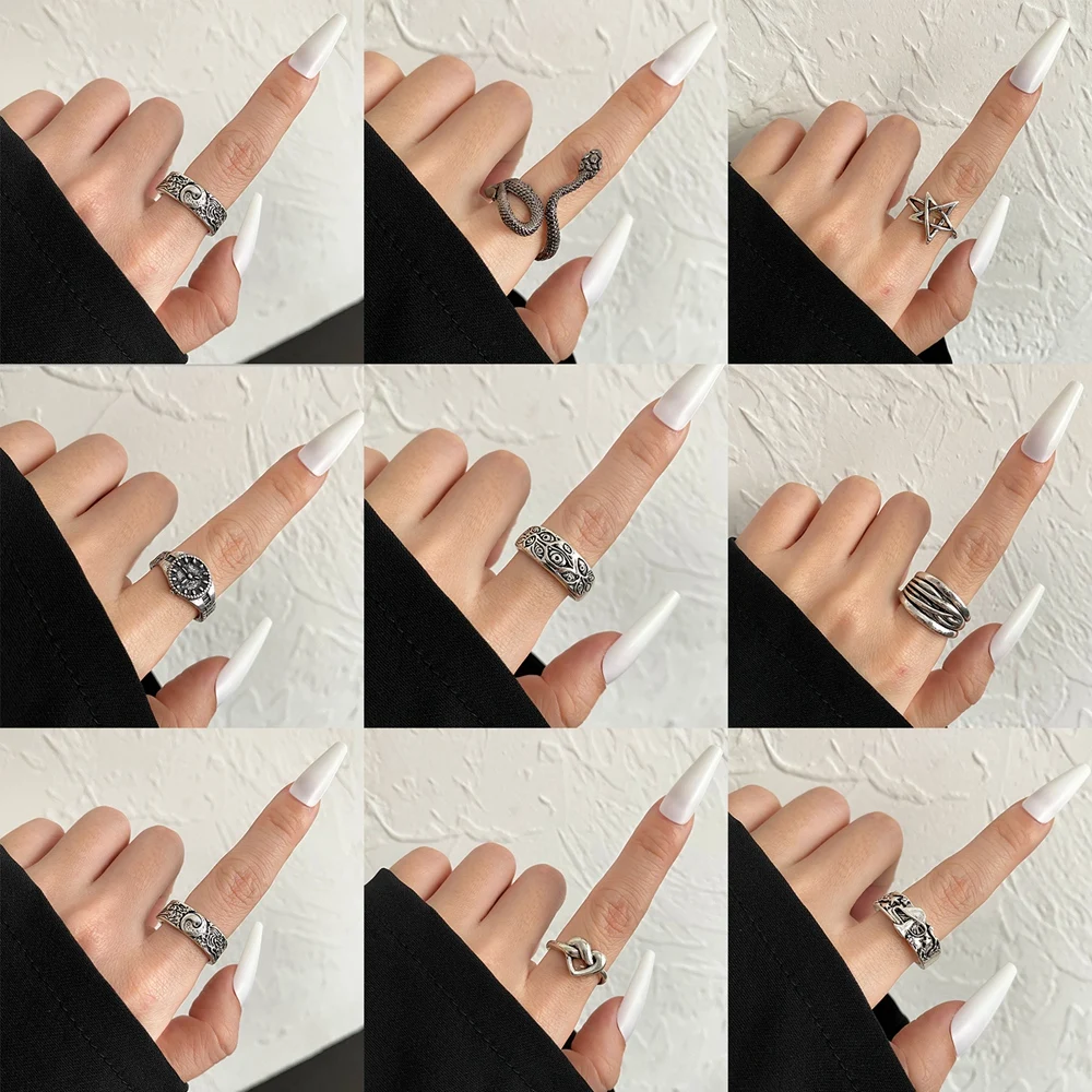 FAMSHIN Retro Punk Butterfly Snake Ring For Men Women Personality Geometry Antique Siver Color Fashion Opening Adjustable Rings