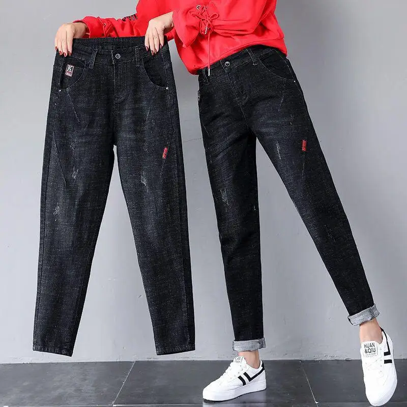 Большие размеры повседневные джинсы женские новые осенние модные корейские стильные Джинсы бойфренда с высокой талией женские джинсовые узкие брюки P117 - Цвет: Black