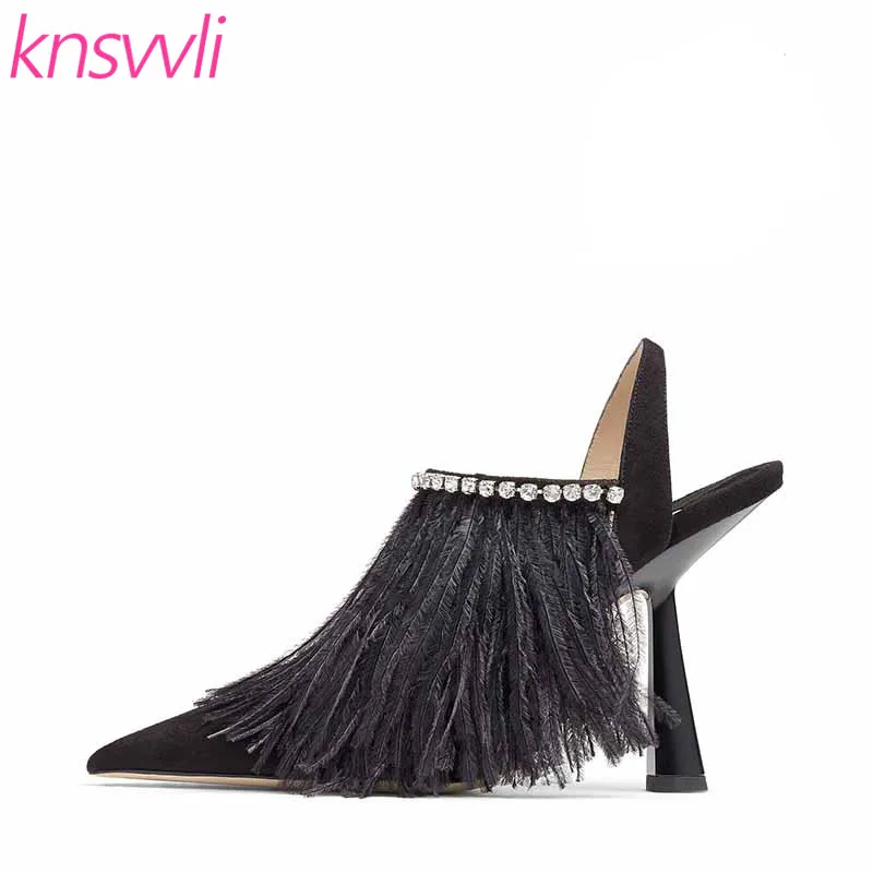 

New Runway Party Shoes Woman High Heels Ostrich Hair Women Pumps Pointed Toe Suede Leather Slingbacks Rhinestone Sandals Ladies