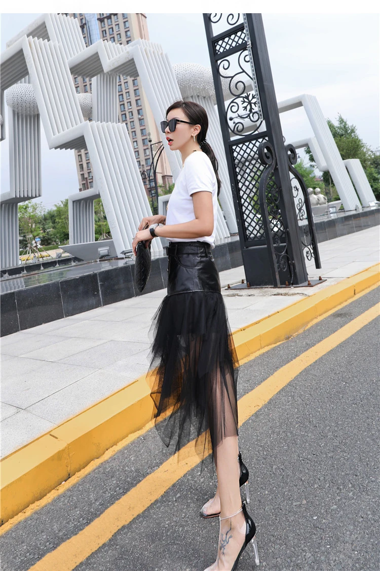 Genuine Leather Skirts Casual Buckle Belted Mesh Overlay Frill Detail Midi Skirt Autumn Women Streetwear Out Going High Waist