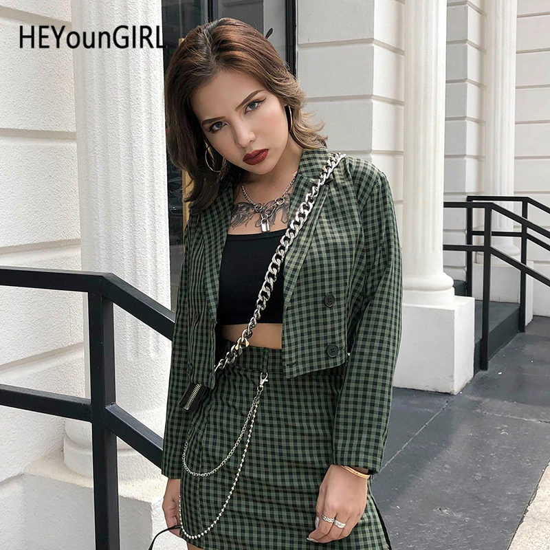 HEYounGIRL элегантные клетчатые укороченные брюки Детский комплект Куртка Harajuku Повседневное с длинным рукавом пальто Для женщин двубортное пальто уличный стиль, детская одежда, осенняя одежда