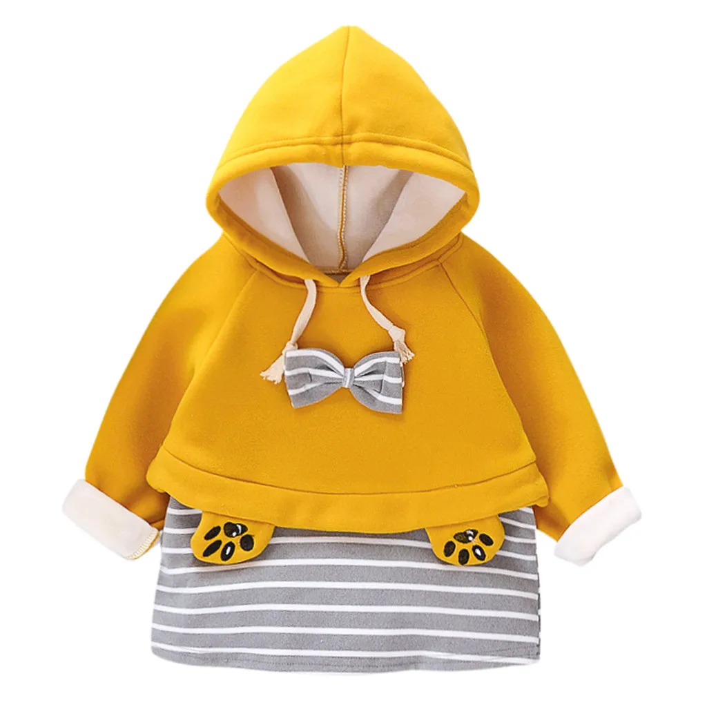 Yellow Платье с длинными рукавами и капюшоном для маленьких девочек vestido infantil/Повседневные хлопковые платья-свитера в полоску с бантом зимняя одежда для маленьких девочек - Цвет: Yellow