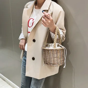 

Summer Bucket Mini Bags Popular Drawstring Strap Shoulder Bags Casual Handmade Woven Rattan Bags