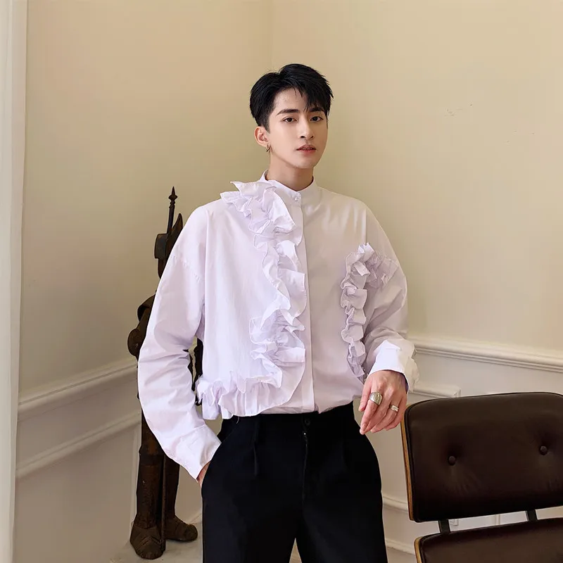 Male Streetwear Hip Hop Gothic Dress Shirts Stage Clothes Men Vintage Ruffles Splice Long Sleeve Stand Collar Loose Casual Shirt