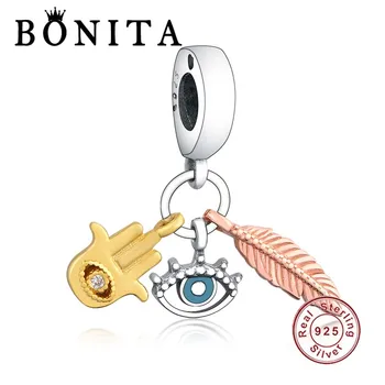 

925 Sterling Silver Hamsa All-seeing Eye & Feather Fit Original Pan dola Charms Bracelet Necklace Beads Berloque DIY Jewelry