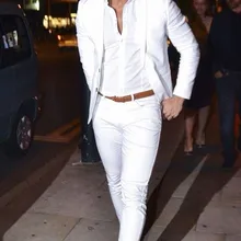 Уличная мода белый мужской костюм Повседневный приталенный костюм 2 шт. смокинг на заказ Блейзер офисная Мужская Рабочая одежда(куртка+ брюки