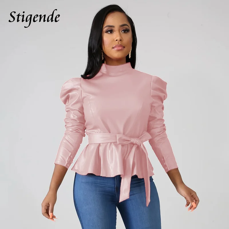  Stigende Women Long Sleeve Leather Pu Blouse Shirt Casual Solid Color Stand Neck Ruffle Shirts Autu